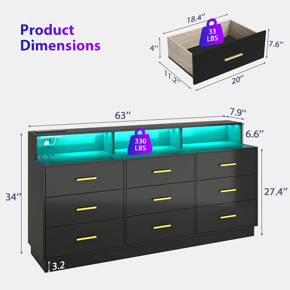 UNIQUITE Black 9 Drawer Dressers for Bedroom, Modern Large Dresser with LED L...