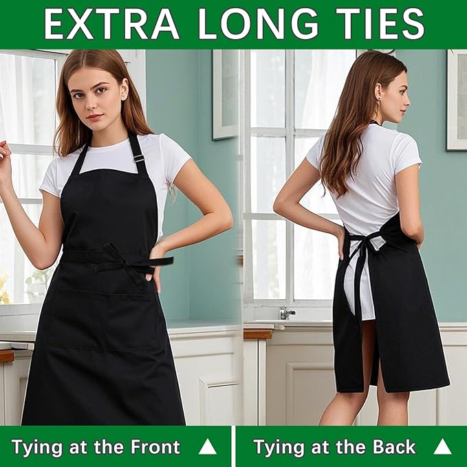 Bib Apron - Unisex Black Aprons 6 Pockets Cooking Kitchen Apron - Image 3