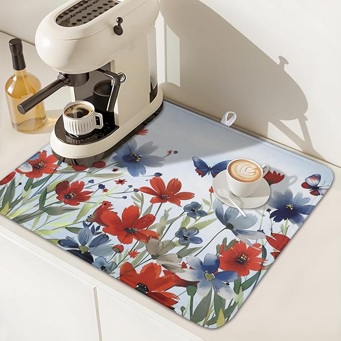 4th of July Dish Drying Mat for Kitchen Counter 16 x 18 Inch Patriotic Floral - Image 7