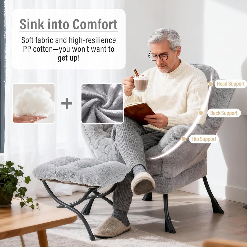Furlide Lazy Chair with Ottoman, Comfy Reading Chair for Bedroom，Grey