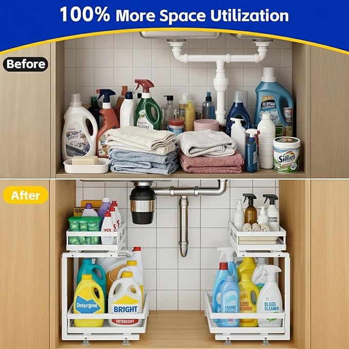 Under Sink Organizer, Dual-Rail Ball-Bearing, Under Kitchen Sink Organizer