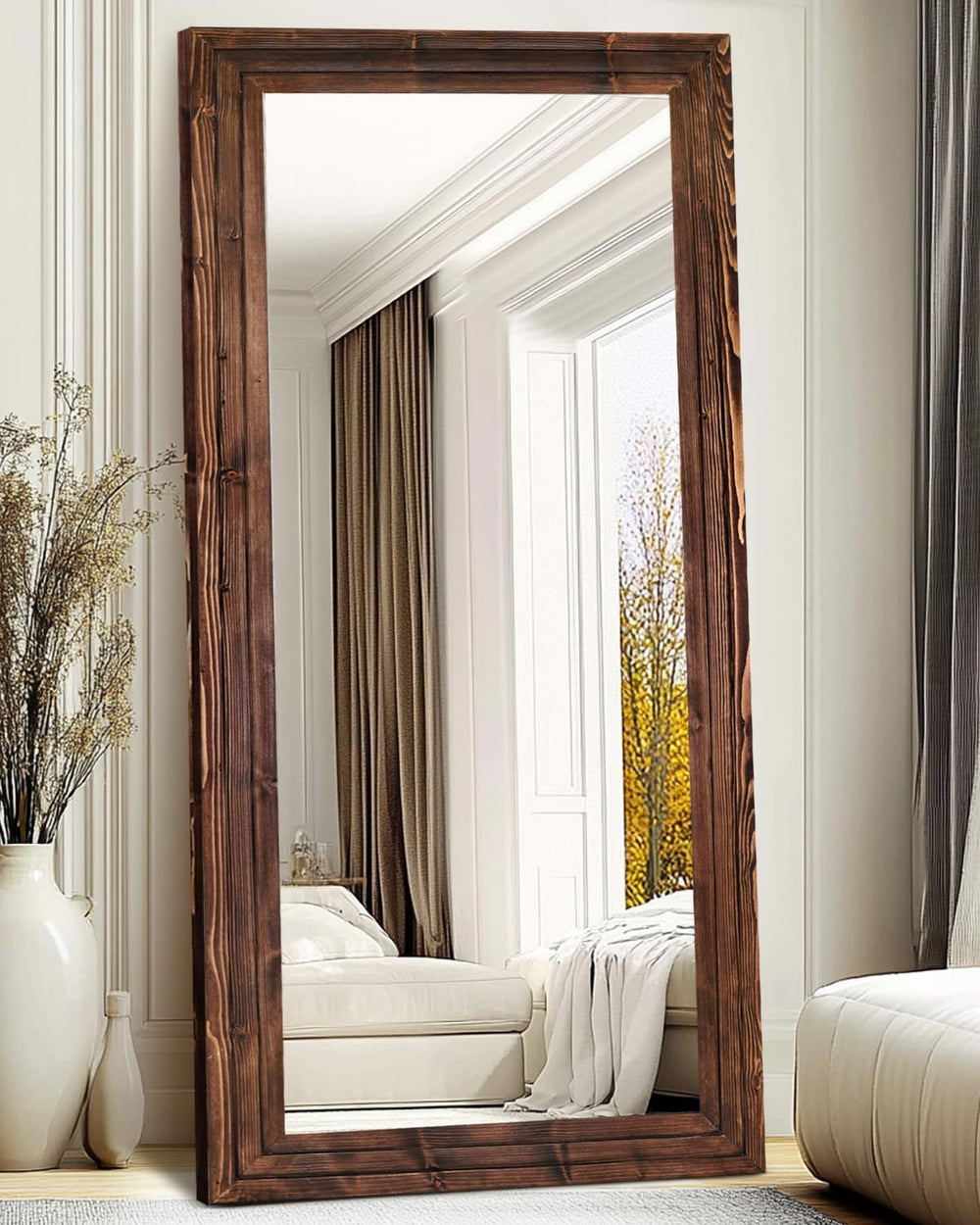 76x34in Full Length Mirror, 3-Tier Stepped Solid Wood Frame, Brown