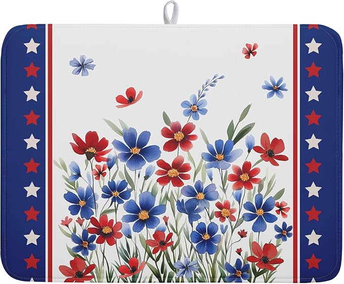 4th of July Dish Drying Mats for Kitchen Counter Summer Flowers Patriotic by Kawani