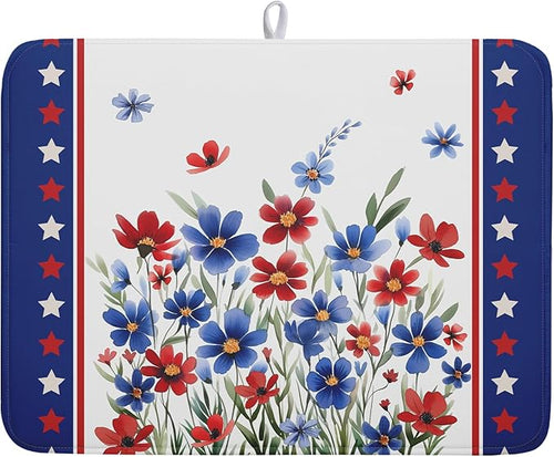 4th of July Dish Drying Mats for Kitchen Counter Summer Flowers Patriotic by Kawani
