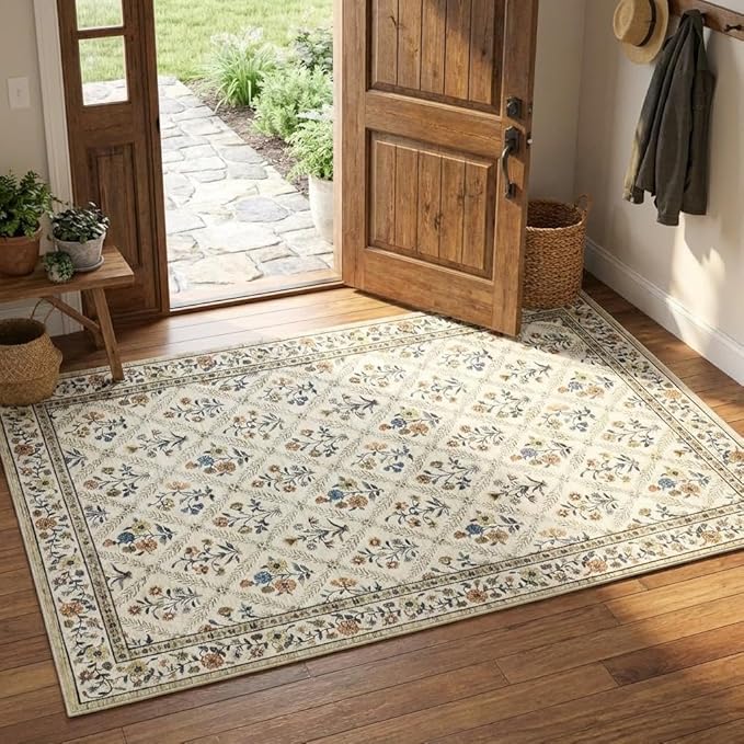 Floral Washable Entryway Rug Non-Slip 2x3 Front Door Mat Vintage Low-Pile Small by GarveeHome