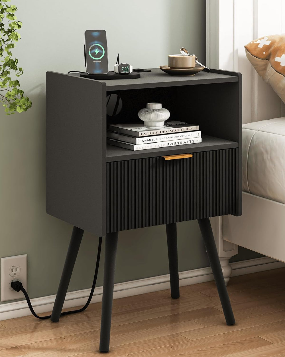 Black Nightstand with Outlet,Modern Bedside Table with Storage Drawer and Ope...