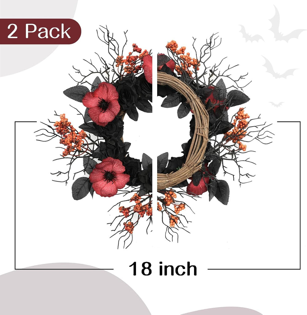 TEMPUS Halloween Wreath Set, 18 Inch, Black Rose and Poppy Berry, Handmade, f...