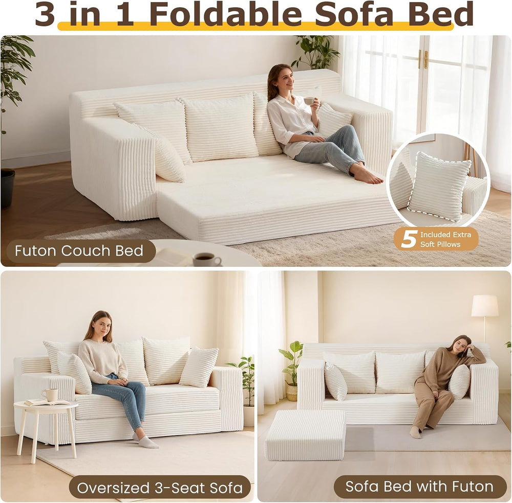 3 Seater Boneless Couch for Living Room, Convertible Futon Sofa Bed Comfy Pul...