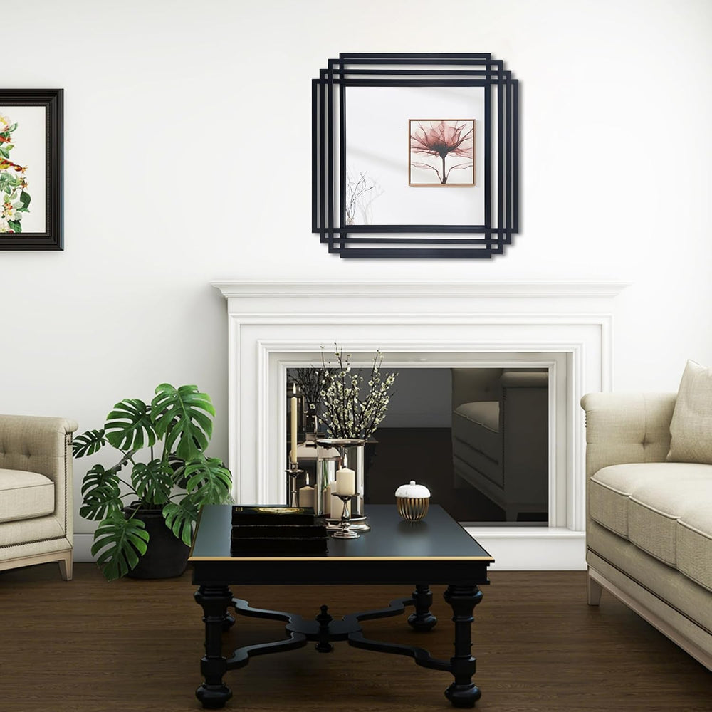 24"x24" Square Decorative Wall Mirror with Black Geometric Frame