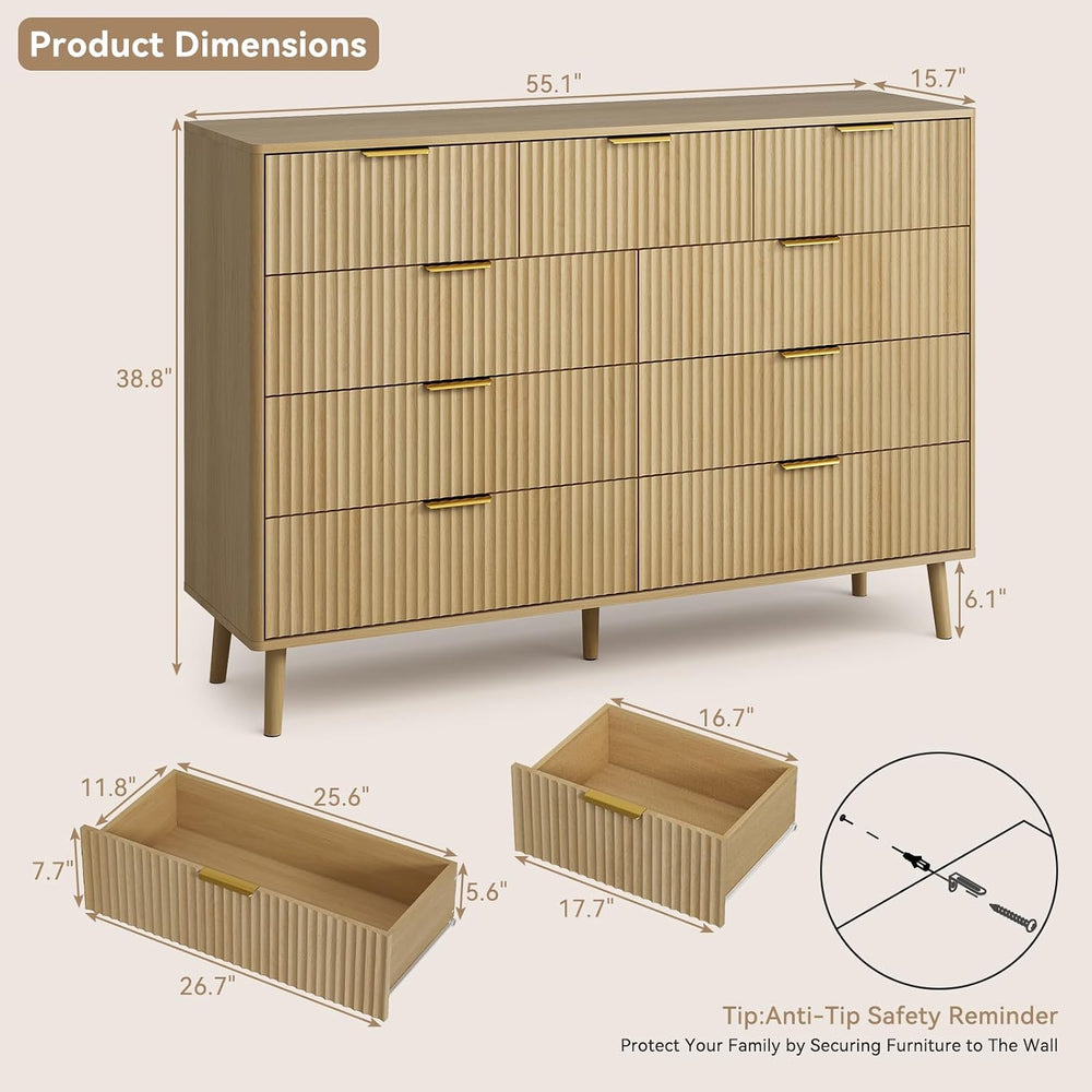 CARPETNAL Fluted Dresser and Nightstand Sets for Bedroom, 3 Pcs Bedroom Set, ...