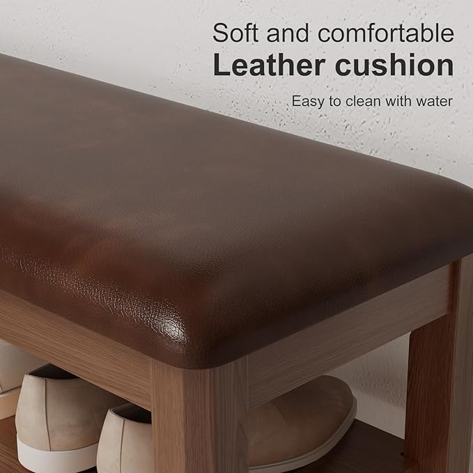 Shoe Bench with Leather Cushion, 3 Tiers Shoe Storage Bench Height Adjustable...