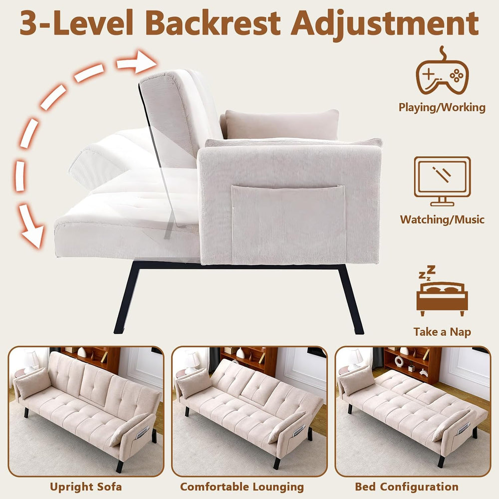 72" Cotton Linen Futon Couch Living Room Couch Bed Convertible Sleeper S...