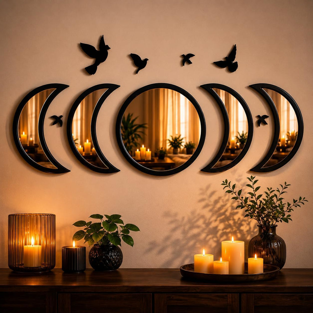 NESHE Moon Phase Mirror Wall Decor Set with Birds | Gothic Witchy Boho Wall M...