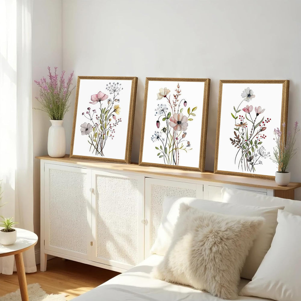 WRFON Framed Botanical Canvas Wall Art Set of 3, Watercolor Floral Prints, Fr...