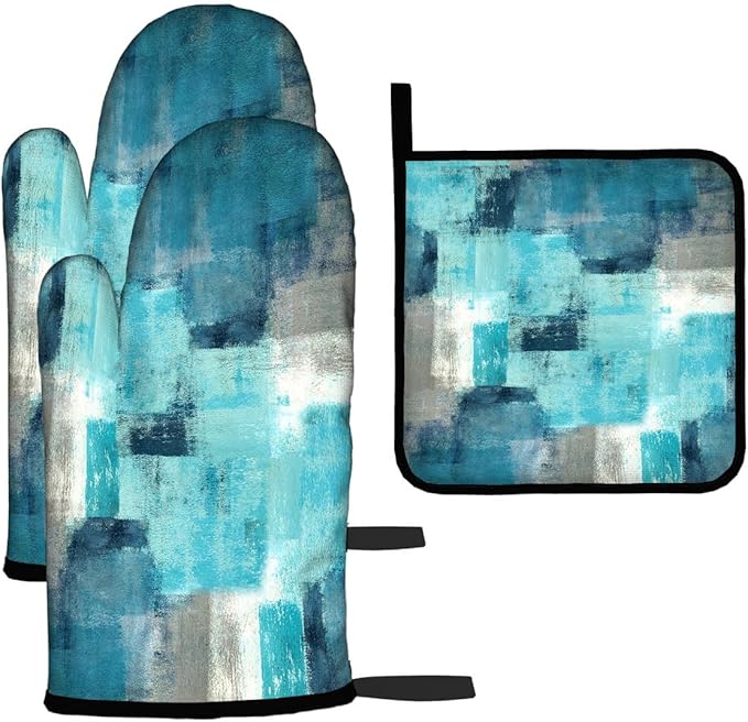 LOKMU Oven Mitts and Pot Holders Set of 3, Teal and Grey White Abstract Art by LOKMU