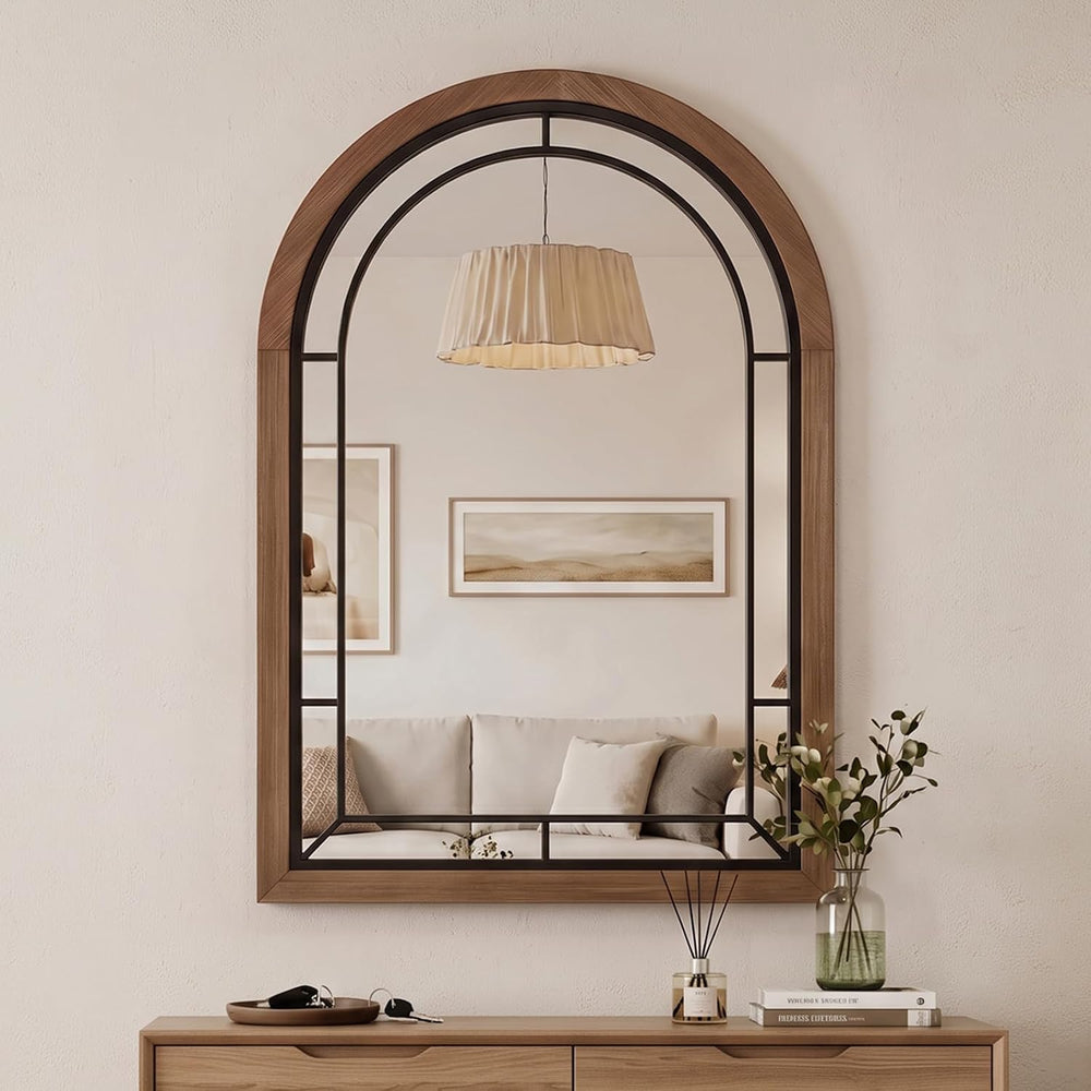 Arched Wall Mirror 36x24 Inch Rustic Wood Frame, Arch Brown