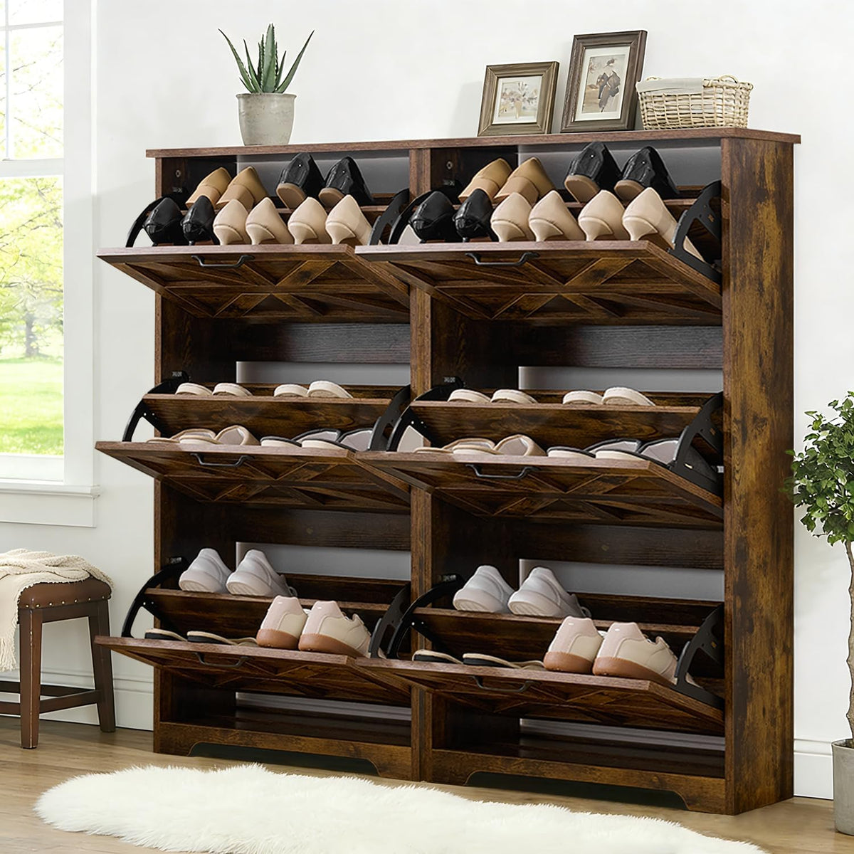 Shoe Storage Cabinet with 3 Flip Drawers, Farmhouse Shoe Organizer with Barn Door Design, Space-Saving Hidden Narrow Shoe Rack Cabinet for Entryway, Hallway & Foyer, Brown
