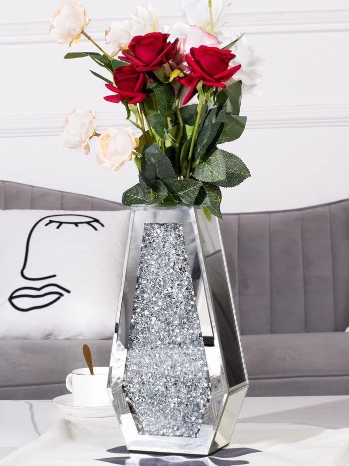 Flower Vase Crushed Diamond Vases for Decor Silver Mirror Vases for Centerpieces, Bling Crystal Decorative Glass Vase for Home Decor, 12 Inch - Can’t Hold Water