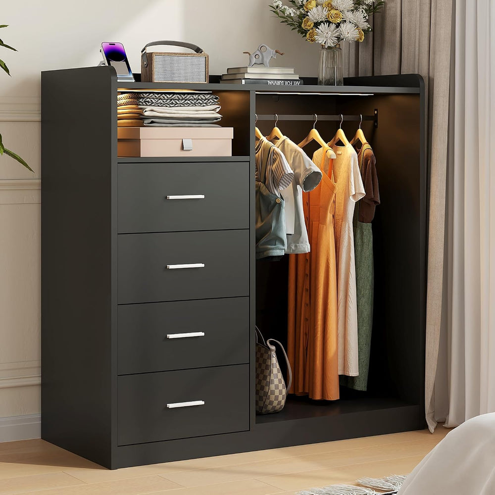 Garvee Dresser with Hanging Rack for Bedroom, 4 Drawer Dresser with LED Light...