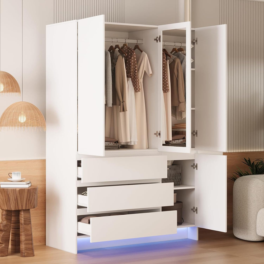VOWNER Armoire Wardrobe Closet with 4 Doors, Bedroom Armoire with Mirrors