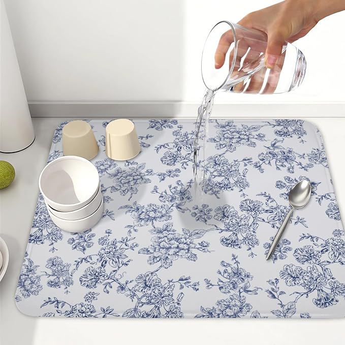 Blue Floral Dish Drying Mat for Kitchen Counter Chinoiserie Flower Microfiber - Image 6