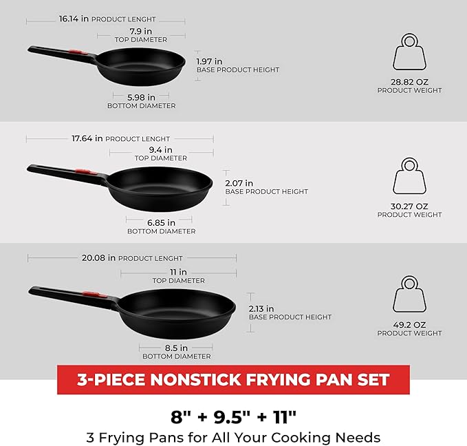 BRA COOKWARE Infinity 3-Piece Nonstick Frying Pan Set | 8, 9.5 & 11 Inch Cast - Image 2
