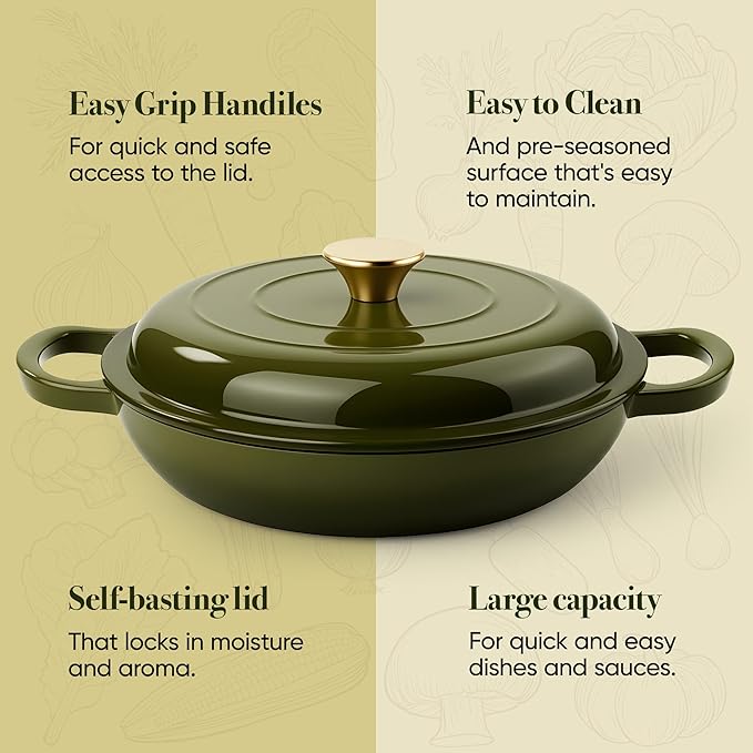 3 Quart Enameled Cast Iron Braiser, Non Stick Enameled Cast Iron Skillet - Image 7