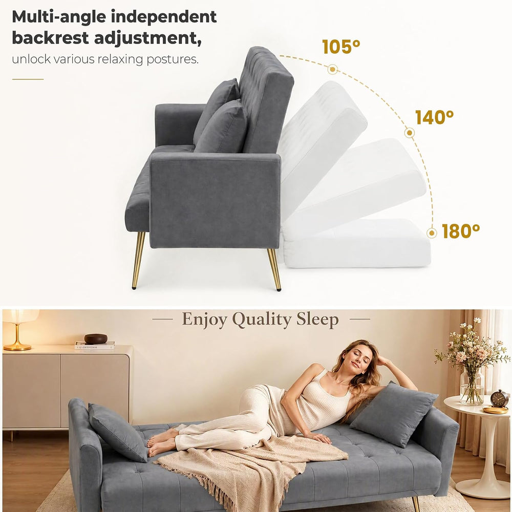 71" Gray Velvet Sofa Bed, Convertible Futon Couch, Adjustable Back