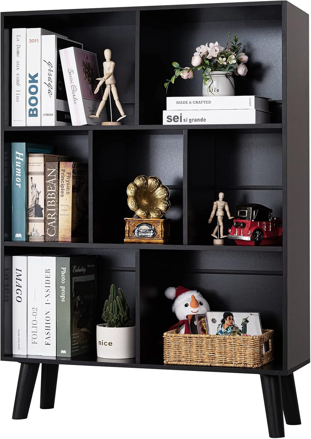 YAHARBO Black Bookshelf,3 Tier Modern Bookcase with Legs,Bookshelves Wood Sto...