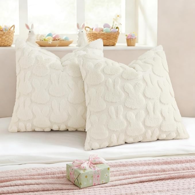 decorUhome Easter Bunny Pillow Covers 16x16 Inch Set of 2, Soft Plush Faux Wool - Image 4