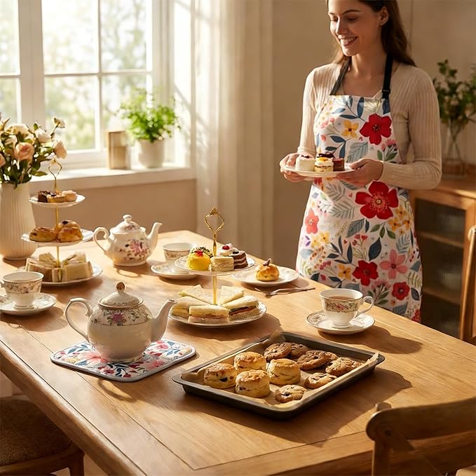 Floral Apron and Oven Mitt Set 5 Piece, Pioneer Woman Style Kitchen Aprons - Image 7