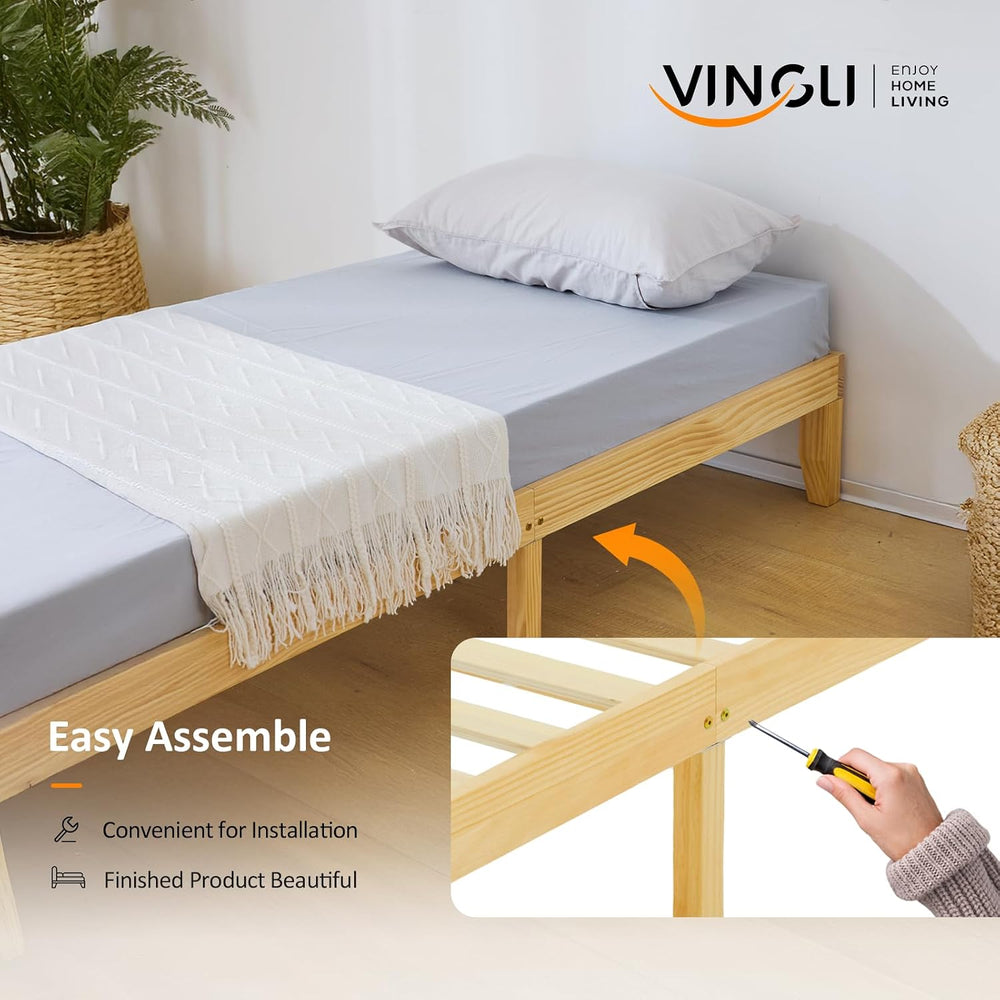 VINGLI 12 in Classic Solid Wood Twin Platform Bed Frame with Storage Space Un...