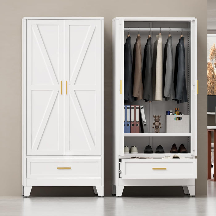 Metal Wardrobe Closet for Bedroom, 71" Freestanding Armoire Wardrobe with Drawer and Shelf, Hanging Rod Clothing Storage Cabinet with Two Doors, Tall Farmhouse Clothes Cabinet Bedroom Armoires