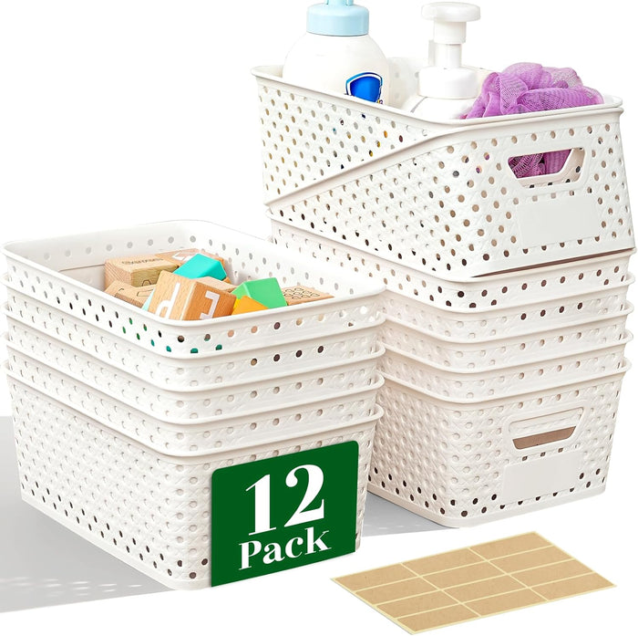 12 Pack Plastic Storage Baskets for Organizing, Storage Baskets for Shelves with Handles, Small Storage Bins with Labels, Classroom Storage Organization for Cabinet,Closet, Office