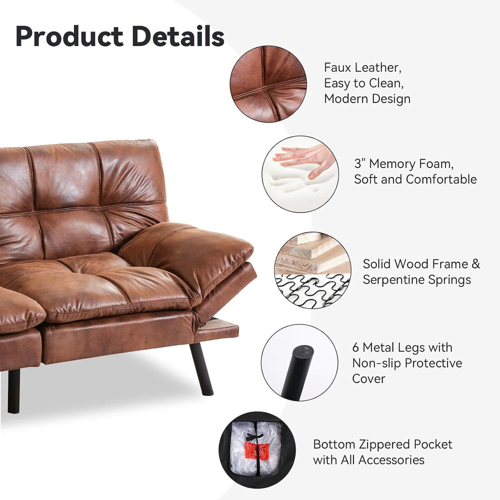71" Convertible Futon Sofa Bed,Brown Faux Leather Futon Couch