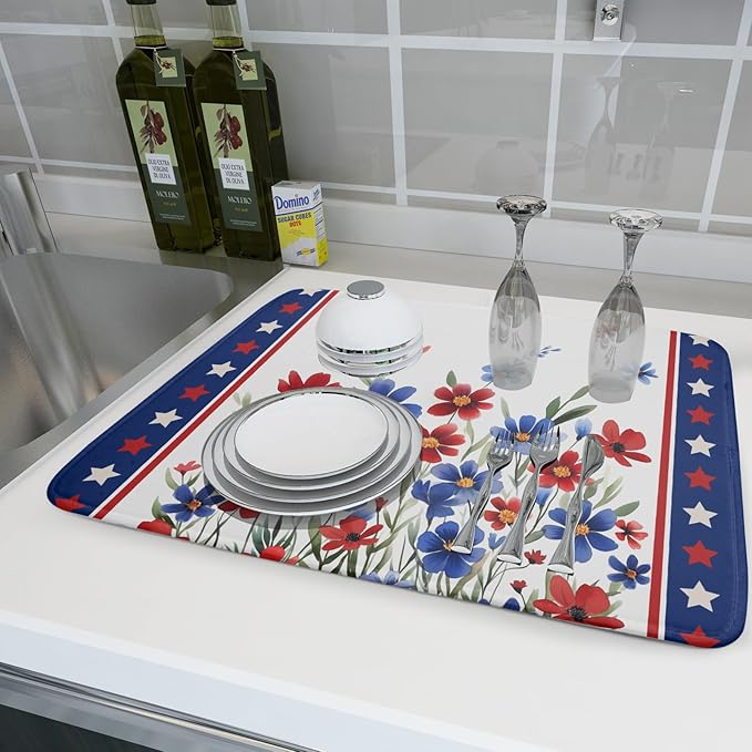 4th of July Dish Drying Mats for Kitchen Counter Summer Flowers Patriotic - Image 6