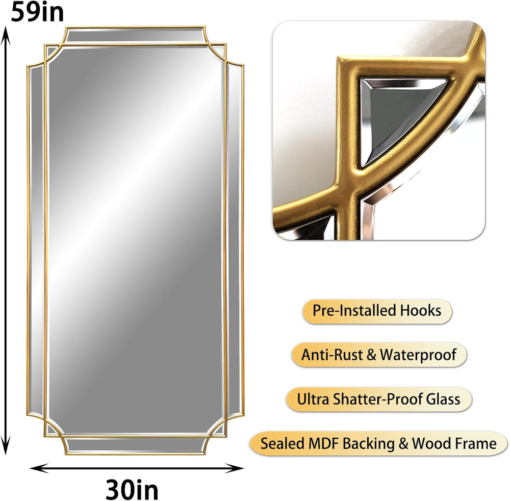HQiJun Gold Full Length Mirror for Wall, 59" x30" Wooden Framed, Po...