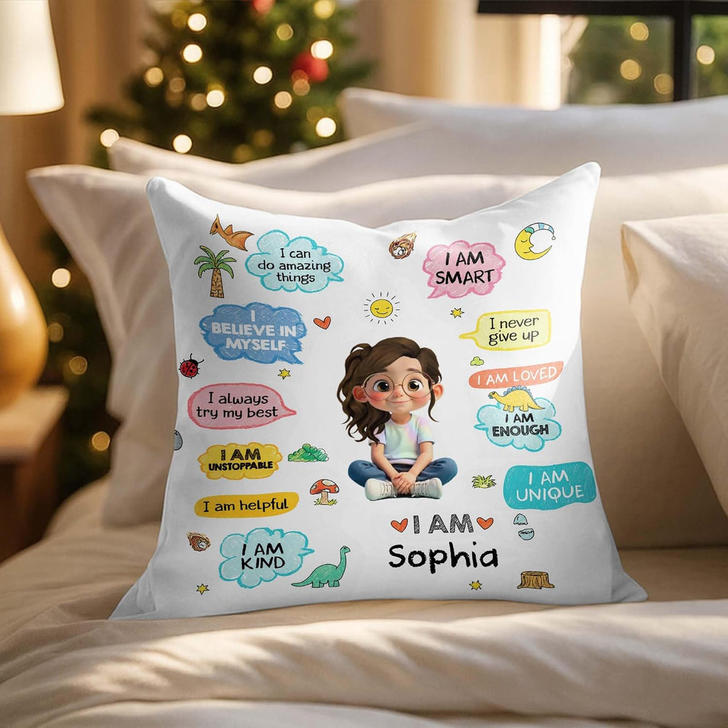 Personalized Affirmation Pillow Cover for Kids, Custom Character & Name Decorative Cushion, “I Believe in Myself” Positive Quotes, Cute Playroom Bedroom Decor for Back to School