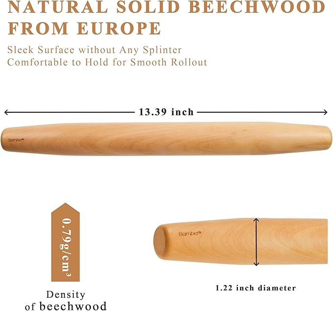 Bamber Wood French Rolling Pin for Baking Small Wooden Rolling Dowel Stick - Image 2