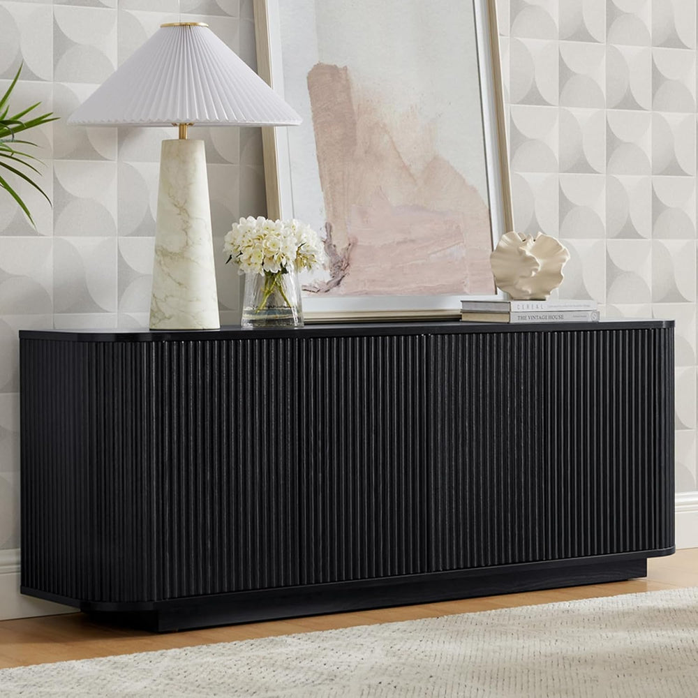 64" Fluted Black Sideboard Cabinet Buffet Cabinet with Storage