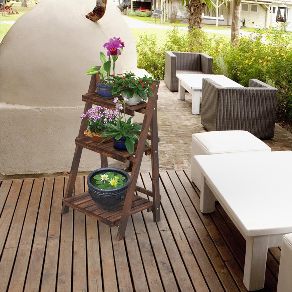 Yaheetech Wooden Plant Stand, 3 Tier Plant Stand, Foldable Ladder Shelves | L...