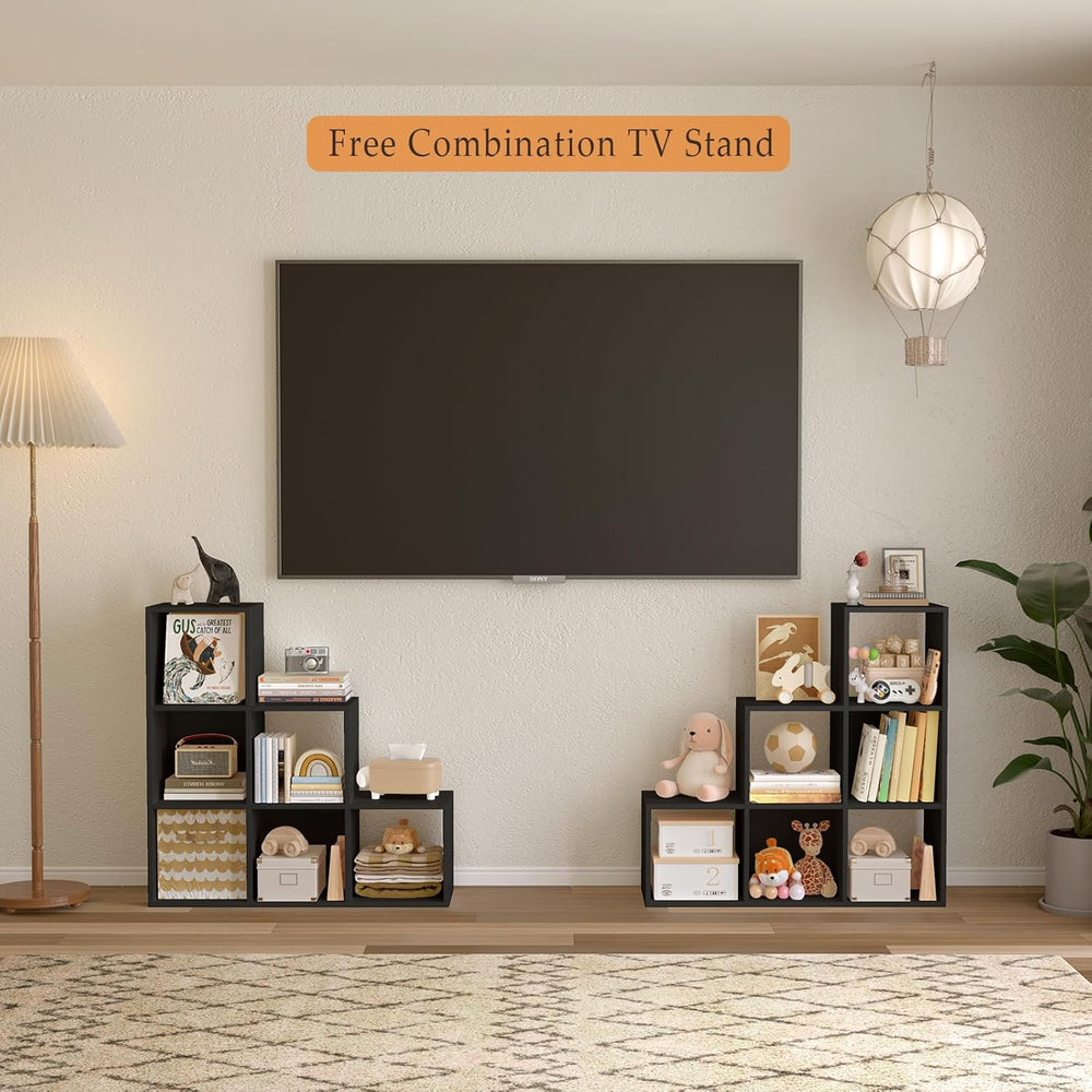 Ladder Cube Storage Bookcase - Wooden L-Shaped 3-Tier Corner Shelf, Reversibl...