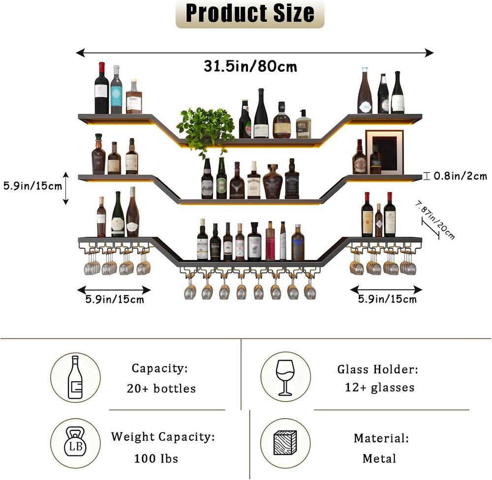 31.5"Modern LED Wine Rack Wall Mounted,3-Tier Floating Bar Shelves | Lar...
