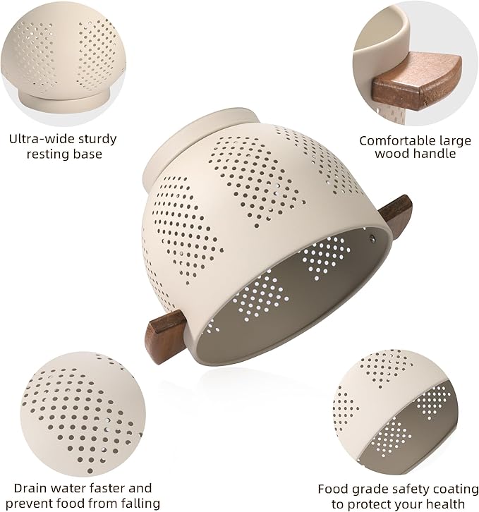 BeFare Metal Colander with Wood Handle and Stable Base, Powder Coated Steel