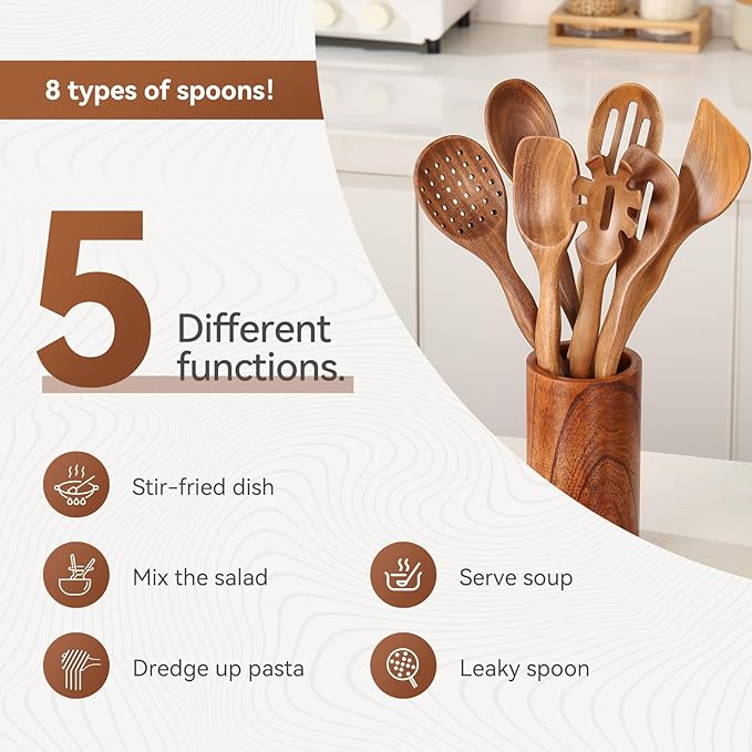 Wooden Spoons for Cooking, Non Scratch, Easy Clean, Natural Teak Wooden - Image 5