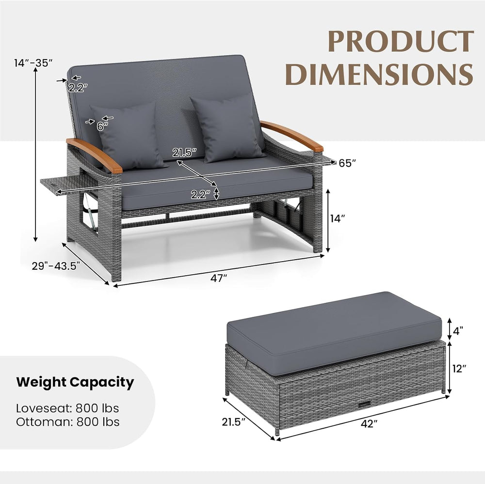 COSTWAY Patio Rattan Daybed, Outdoor Loveseat Sofa with Storage Ottoman
