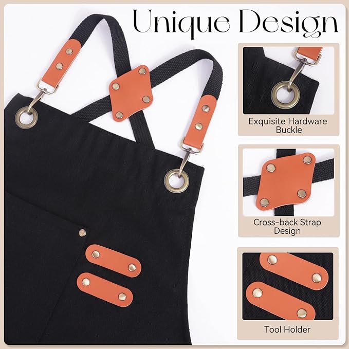 Chef Aprons for Men Women with Large Pockets, Cotton Canvas Water Repellent - Image 4
