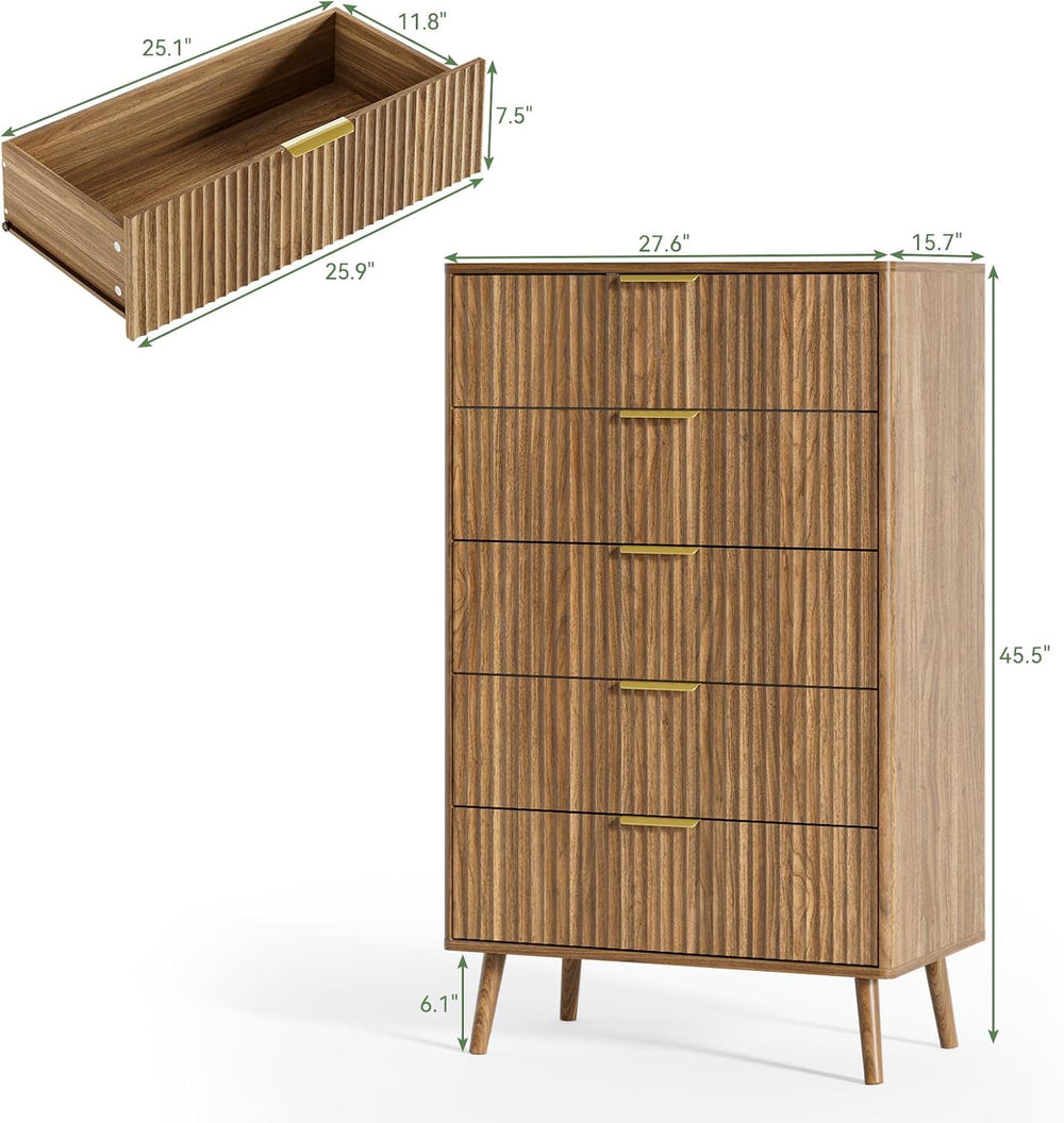 LYNSOM Fluted 5 Drawers Dresser, 45" Tall Modern Chest of Drawers with C...