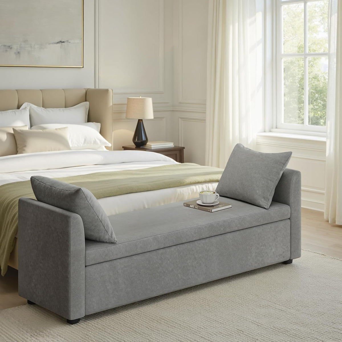59.5" Modern Storage Ottoman Bedroom Bench, End of Bed Bench with Arms and Throw Pillows, Footrest Stool for Living, Dining Room, Entryway and Hallway, Grey