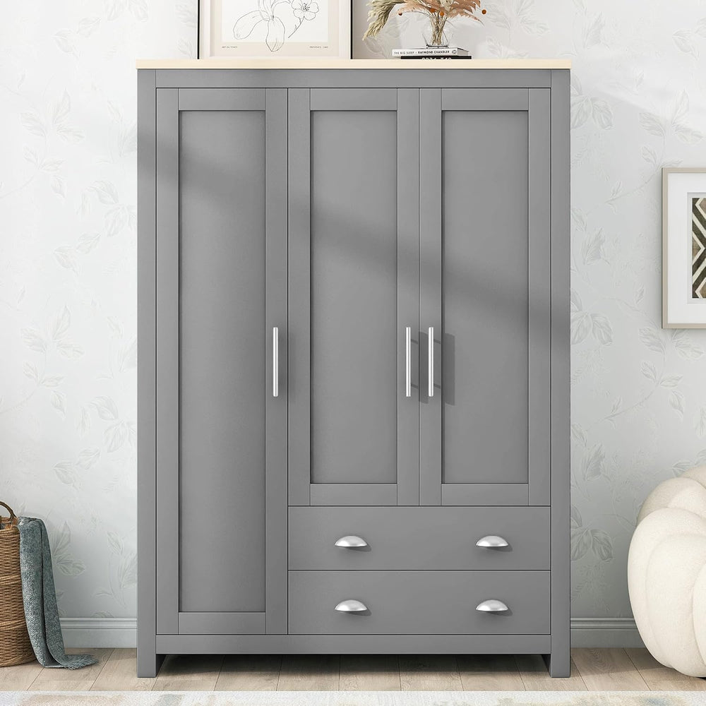 3 Doors Armoire Wardrobe Closet with 2 Drawers, 67.9" H Wooden Closet Wa...